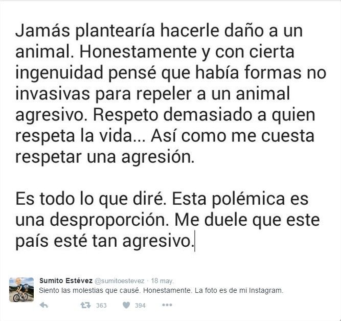 Sumito Estévez se disculpó luego de su polémico mensaje contra perros callejeros Sumito Estévez se disculpó luego de su polémico mensaje contra perros callejeros